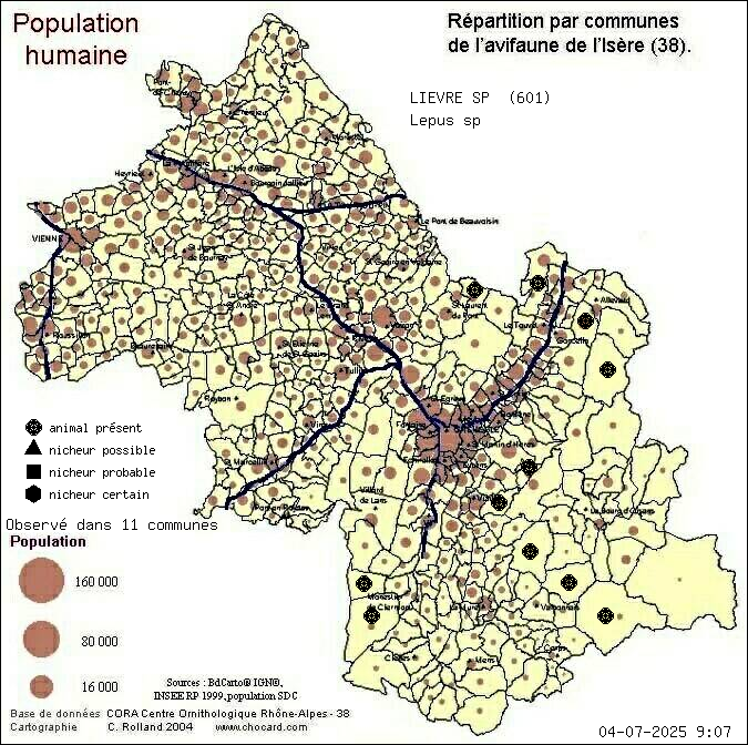 Carte de rpartition par communes en Isre d'une espce d'animal: LIEVRE SP (Lepus sp) selon Population humaine