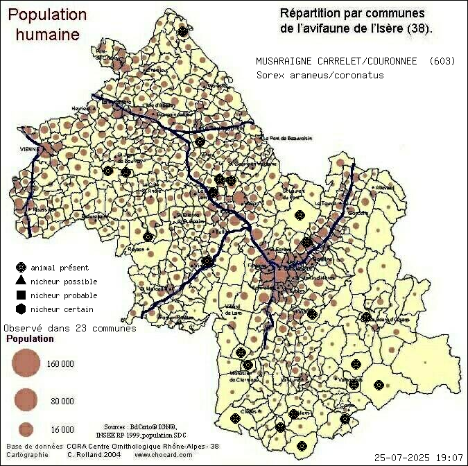 Carte de rpartition par communes en Isre d'une espce d'animal: MUSARAIGNE CARRELET/COURONNEE (Sorex araneus/coronatus) selon Population humaine