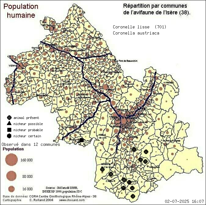 Carte de rpartition par communes en Isre d'une espce d'animal: Coronelle lisse (Coronella austriaca) selon Population humaine