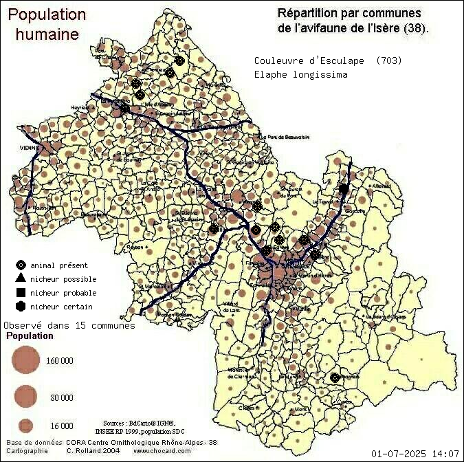 Carte de rpartition par communes en Isre d'une espce d'animal: Couleuvre d Esculape (Elaphe longissima) selon Population humaine