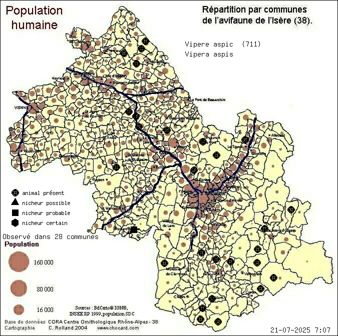 Carte de rpartition par communes en Isre d'une espce d'animal: Vipre aspic (Vipera aspis) selon Population humaine