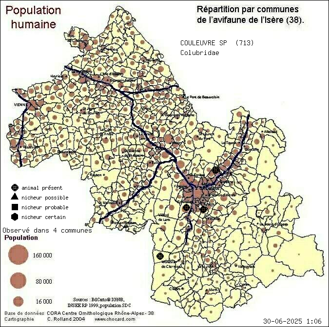 Carte de rpartition par communes en Isre d'une espce d'animal: COULEUVRE SP (Colubridae) selon Population humaine