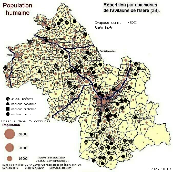 Carte de rpartition par communes en Isre d'une espce d'animal: Crapaud commun (Bufo bufo) selon Population humaine