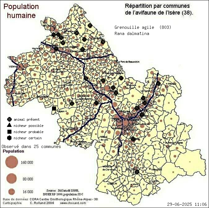 Carte de rpartition par communes en Isre d'une espce d'animal: Grenouille agile (Rana dalmatina) selon Population humaine