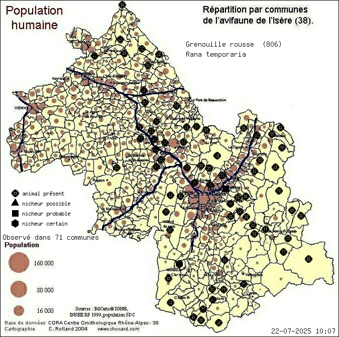 Carte de rpartition par communes en Isre d'une espce d'animal: Grenouille rousse (Rana temporaria) selon Population humaine