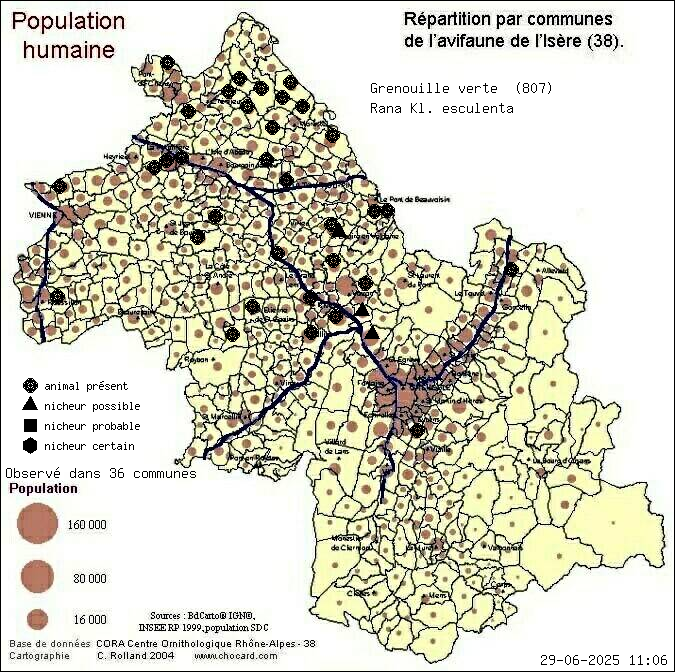 Carte de rpartition par communes en Isre d'une espce d'animal: Grenouille verte (Rana Kl. esculenta) selon Population humaine