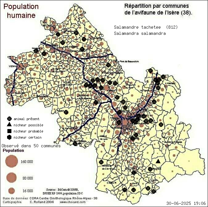 Carte de rpartition par communes en Isre d'une espce d'animal: Salamandre tachete (Salamandra salamandra) selon Population humaine