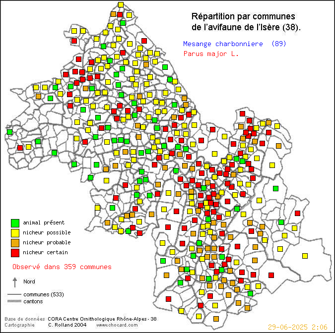 Carte de rpartition par communes en Isre d'une espce d'oiseau: Msange charbonnire (Parus major L.) selon Communes et cantons