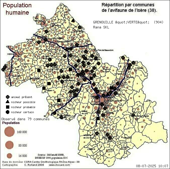 Carte de rpartition par communes en Isre d'une espce d'animal: GRENOUILLE "VERTE" (Rana SKL) selon Population humaine