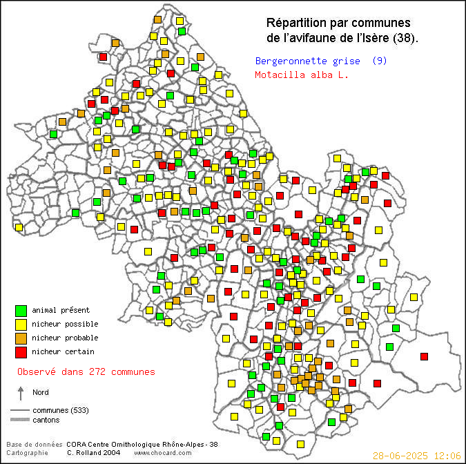 Bergeronnette grise (Motacilla alba L.): carte de rpartition en Isre