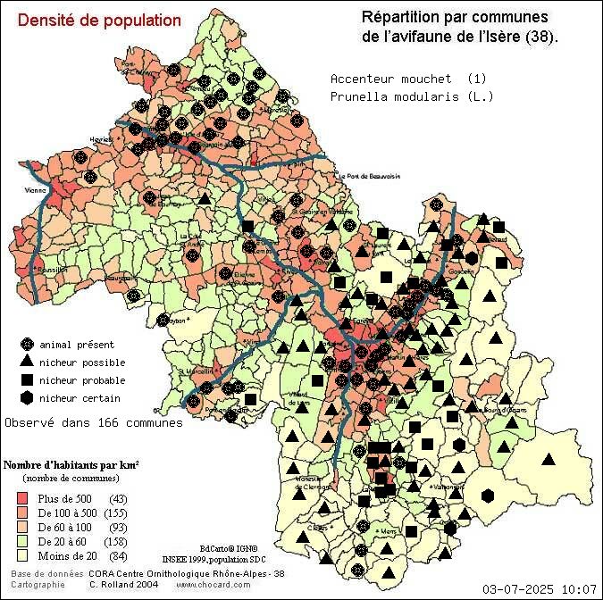 Carte de rpartition par communes en Isre d'une espce d'animal: Accenteur mouchet (Prunella modularis (L.)) selon Densit de population