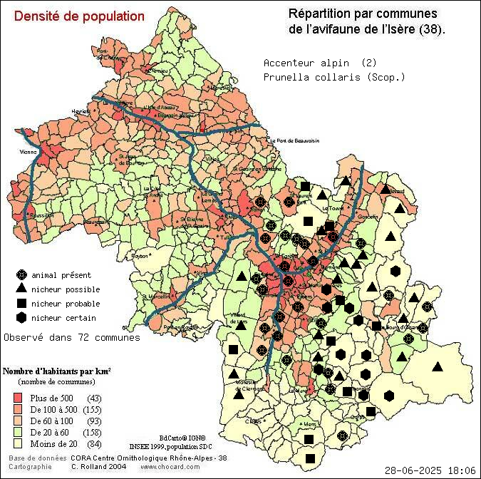 Carte de rpartition par communes en Isre d'une espce d'animal: Accenteur alpin (Prunella collaris (Scop.)) selon Densit de population