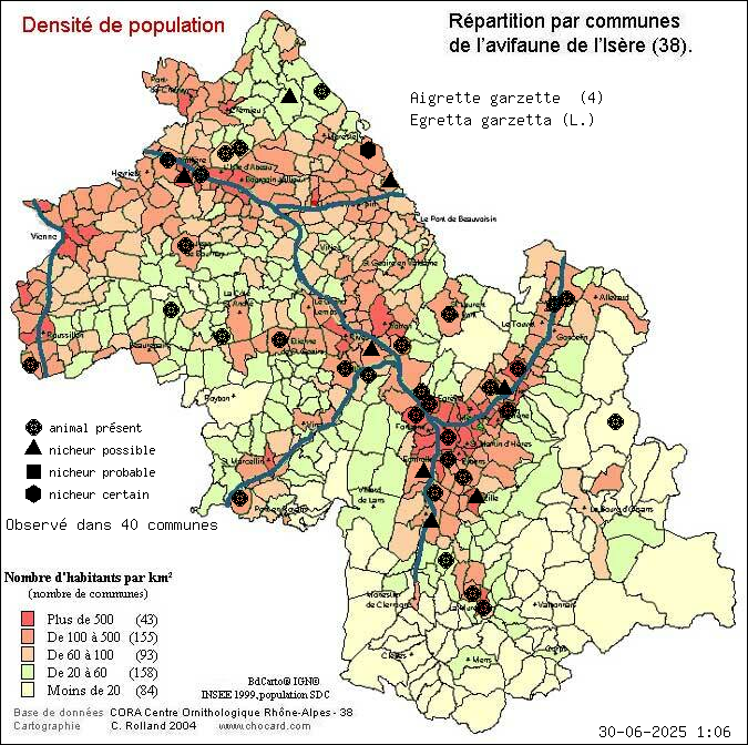 Aigrette garzette (Egretta garzetta (L.)): carte de rpartition en Isre