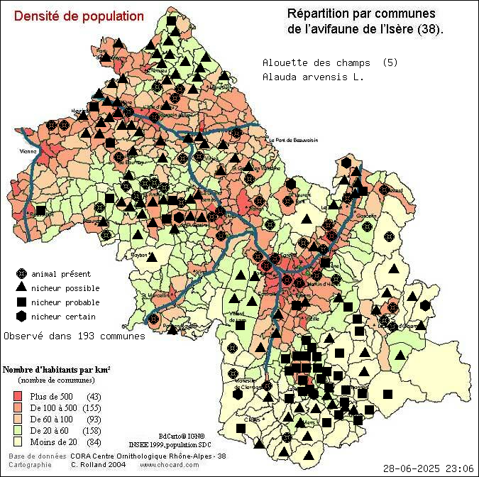 Carte de rpartition par communes en Isre d'une espce d'animal: Alouette des champs (Alauda arvensis L.) selon Densit de population