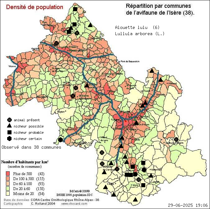 Carte de rpartition par communes en Isre d'une espce d'animal: Alouette lulu (Lullula arborea (L.)) selon Densit de population