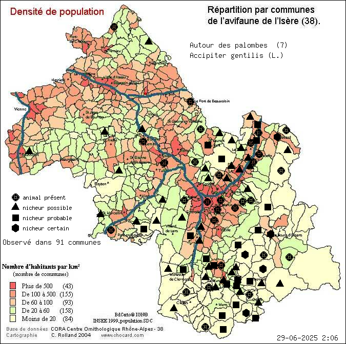 Autour des palombes (Accipiter gentilis (L.)): carte de rpartition en Isre