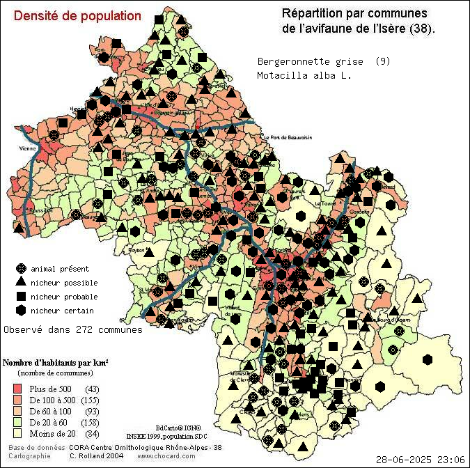 Bergeronnette grise (Motacilla alba L.): carte de rpartition en Isre