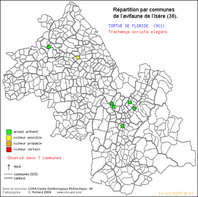 Carte de rpartition par communes en Isre d'une espce d'animal: TORTUE DE FLORIDE (Trachemys scripta elegans) selon Communes et cantons