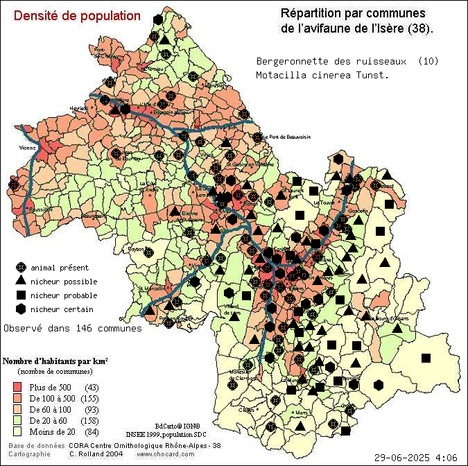 Bergeronnette des ruisseaux (Motacilla cinerea Tunst.): carte de rpartition en Isre