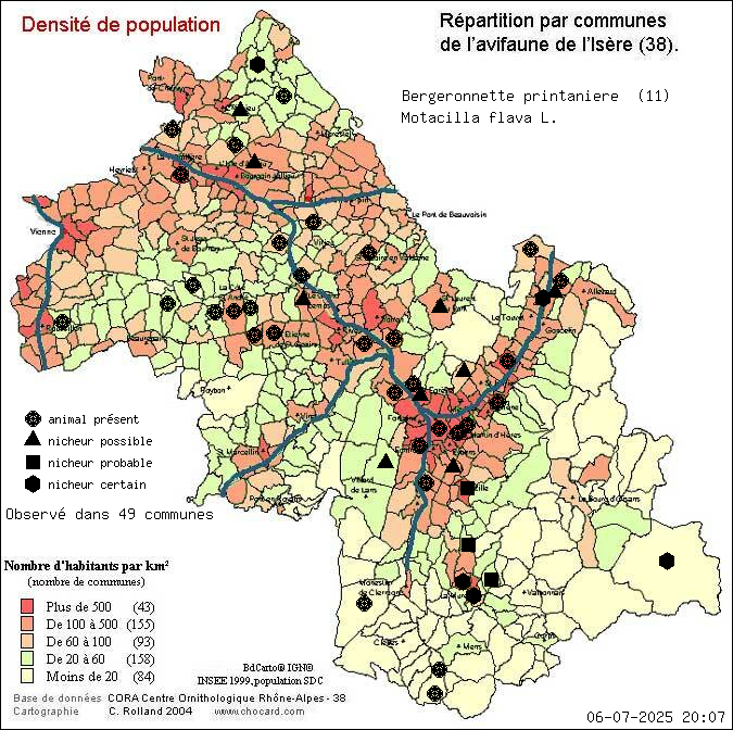 Bergeronnette printanire (Motacilla flava L.): carte de rpartition en Isre