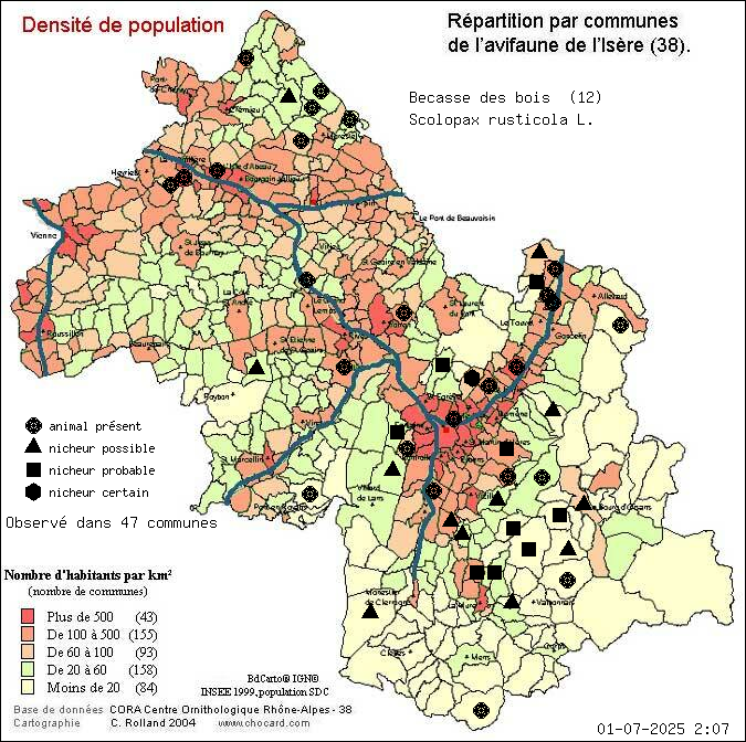 Carte de rpartition par communes en Isre d'une espce d'animal: Bcasse des bois (Scolopax rusticola L.) selon Densit de population