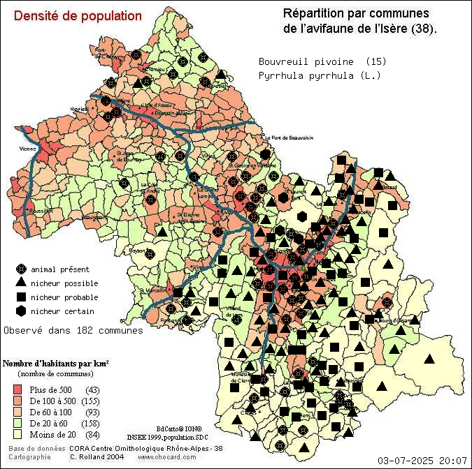 Bouvreuil pivoine (Pyrrhula pyrrhula (L.)): carte de rpartition en Isre