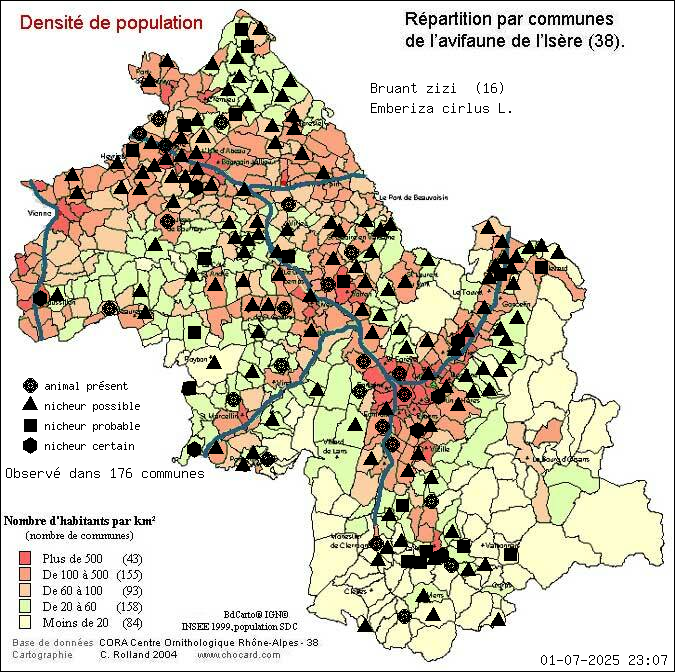 Bruant zizi (Emberiza cirlus L.): carte de rpartition en Isre