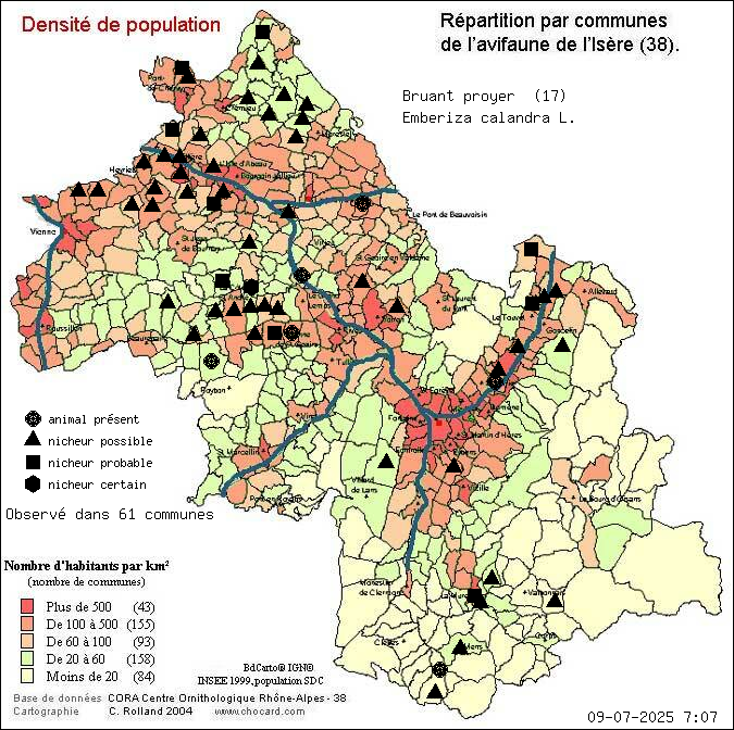 Bruant proyer (Emberiza calandra L.): carte de rpartition en Isre