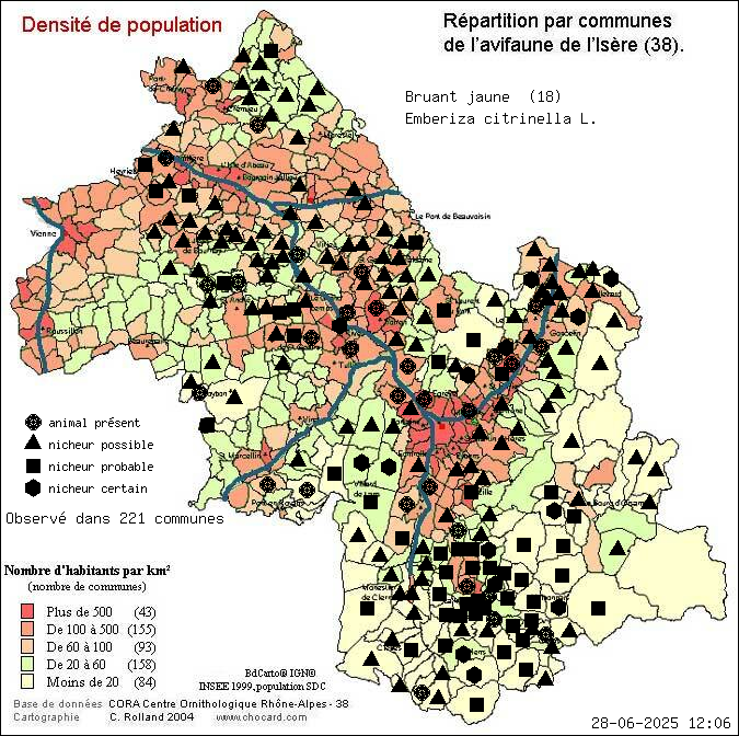 Bruant jaune (Emberiza citrinella L.): carte de rpartition en Isre