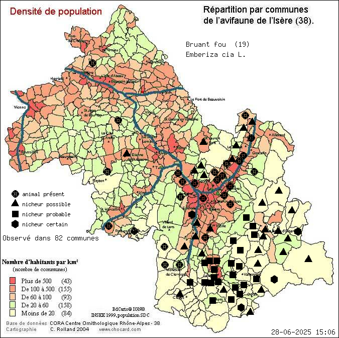 Bruant fou (Emberiza cia L.): carte de rpartition en Isre