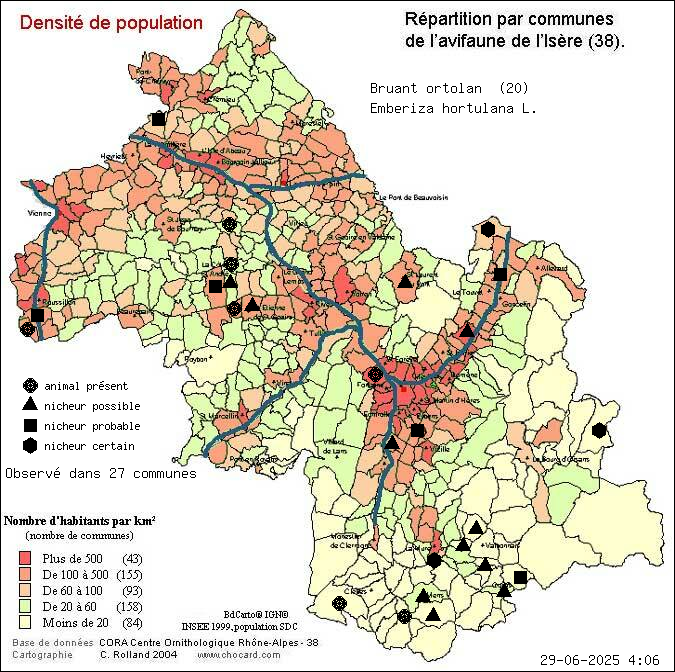 Bruant ortolan (Emberiza hortulana L.): carte de rpartition en Isre