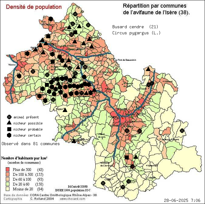 Busard cendr (Circus pygargus (L.)): carte de rpartition en Isre