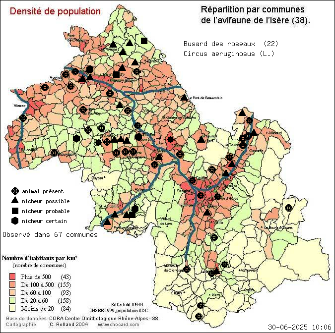 Busard des roseaux (Circus aeruginosus (L.)): carte de rpartition en Isre