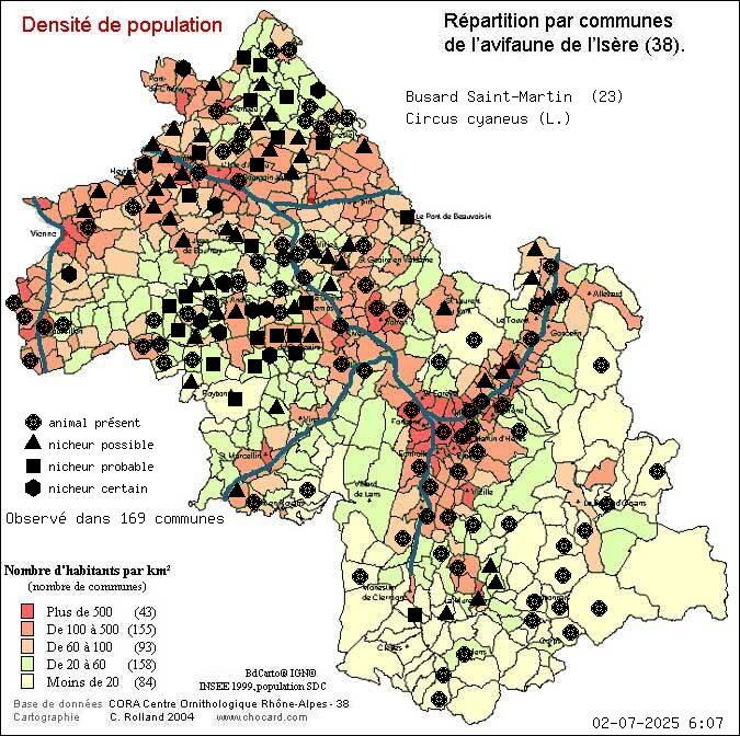 Busard Saint-Martin (Circus cyaneus (L.)): carte de rpartition en Isre