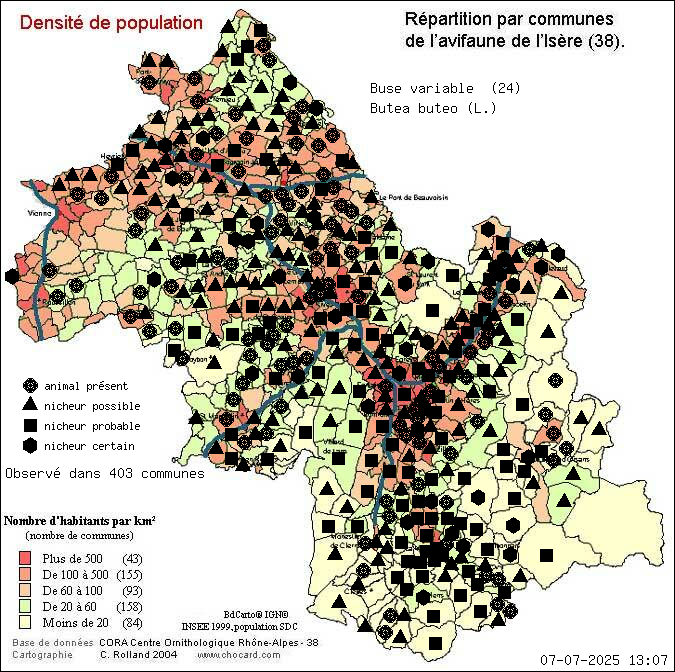 Carte de rpartition par communes en Isre d'une espce d'animal: Buse variable (Butea buteo (L.)) selon Densit de population