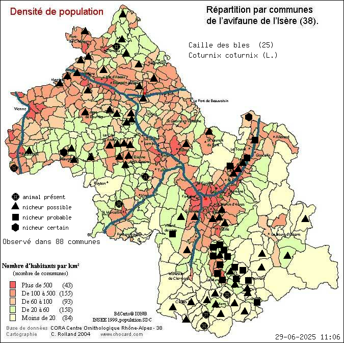 Caille des bls (Coturnix coturnix (L.)): carte de rpartition en Isre
