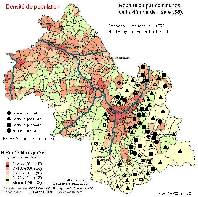 Cassenoix mouchet (Nucifraga caryocatactes (L.)): carte de rpartition en Isre
