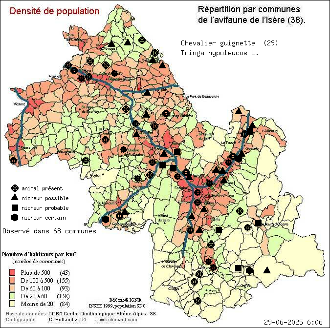 Chevalier guignette (Tringa hypoleucos L.): carte de rpartition en Isre