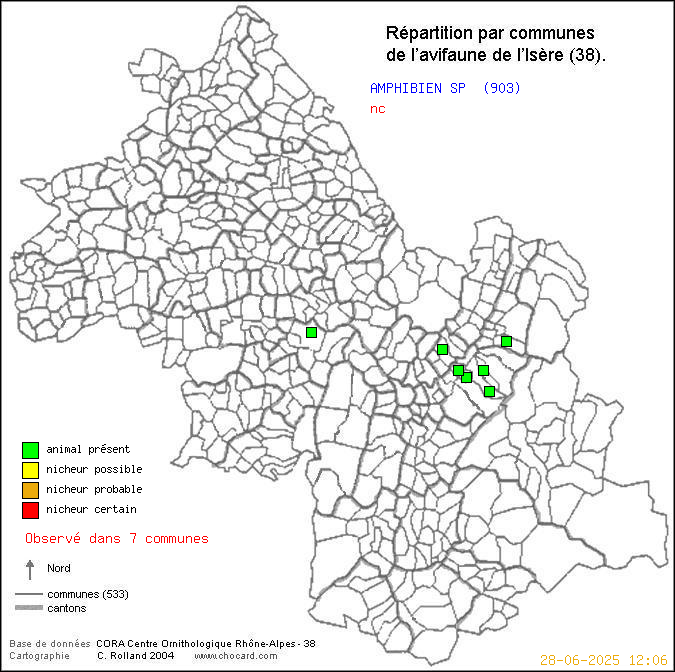 Carte de rpartition par communes en Isre d'une espce d'animal: AMPHIBIEN SP (nc) selon Communes et cantons