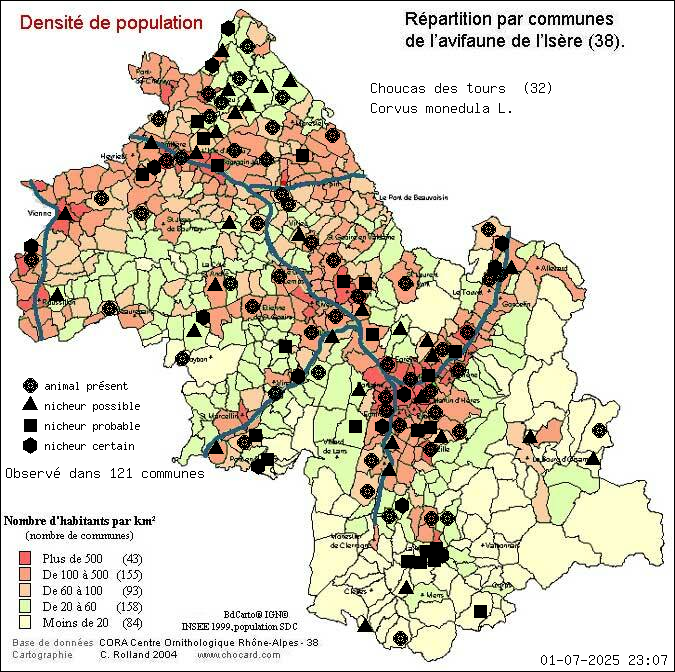 Choucas des tours (Corvus monedula L.): carte de rpartition en Isre