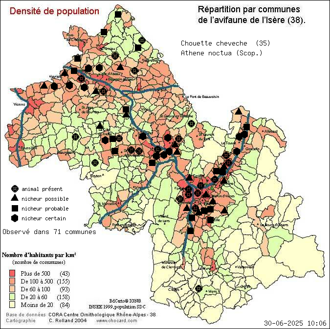Chouette chevche (Athene noctua (Scop.)): carte de rpartition en Isre