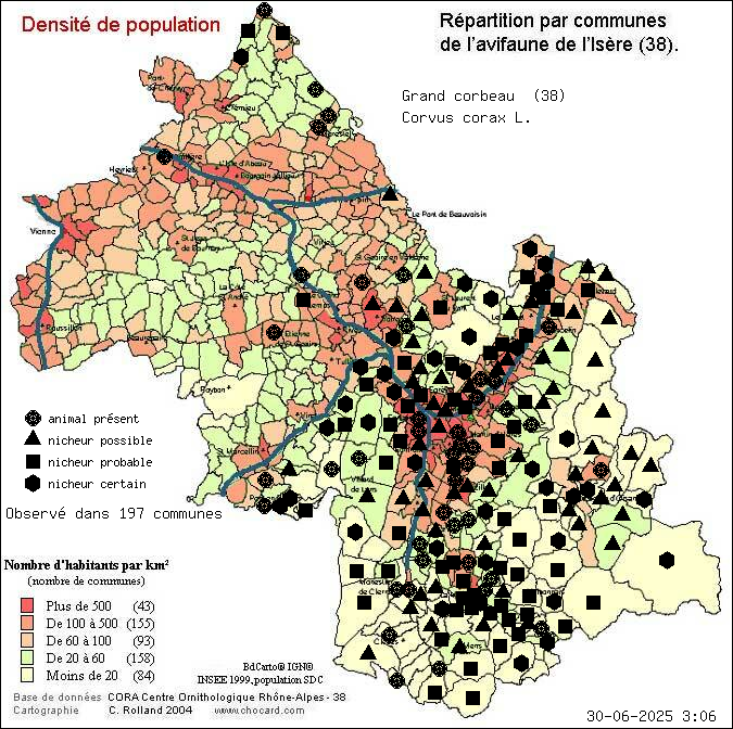 Carte de rpartition par communes en Isre d'une espce d'animal: Grand corbeau (Corvus corax L.) selon Densit de population