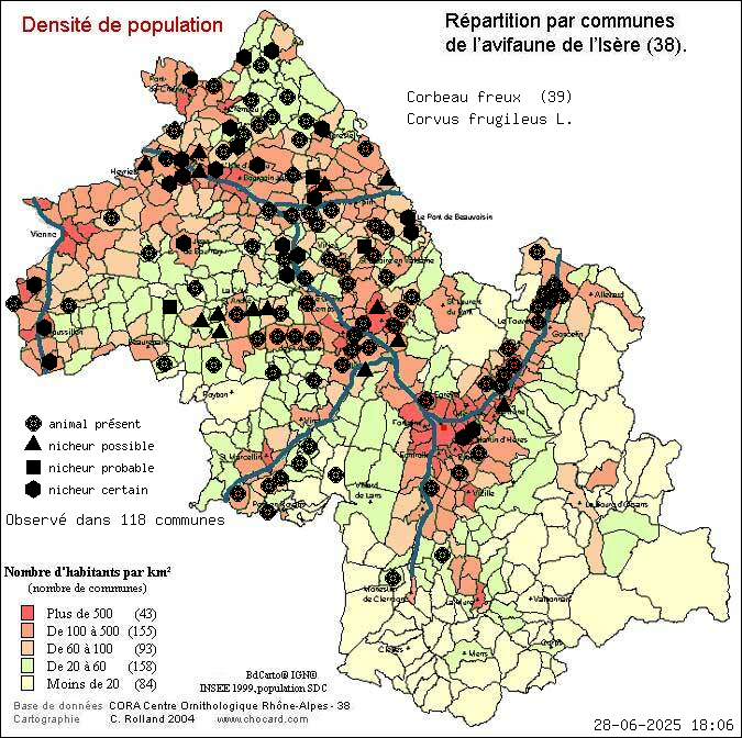 Corbeau freux (Corvus frugileus L.): carte de rpartition en Isre