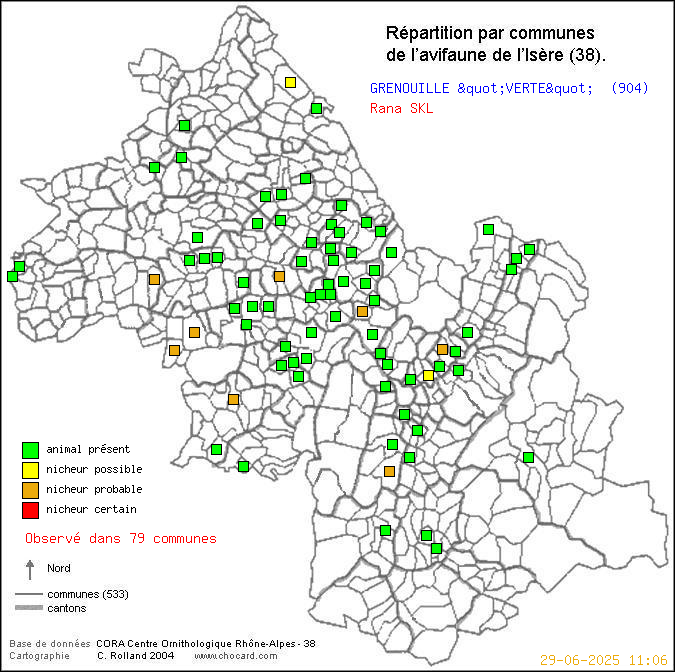 Carte de rpartition par communes en Isre d'une espce d'animal: GRENOUILLE "VERTE" (Rana SKL) selon Communes et cantons