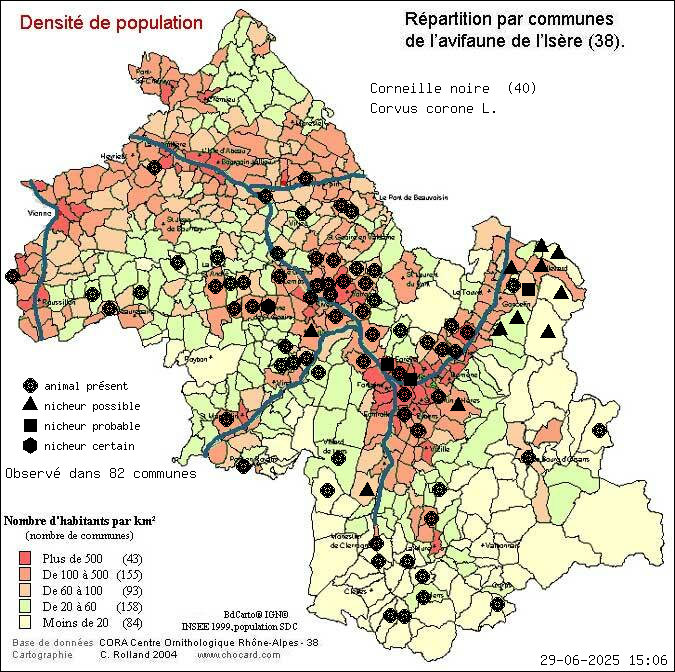 Carte de rpartition par communes en Isre d'une espce d'animal: Corneille noire (Corvus corone L.) selon Densit de population