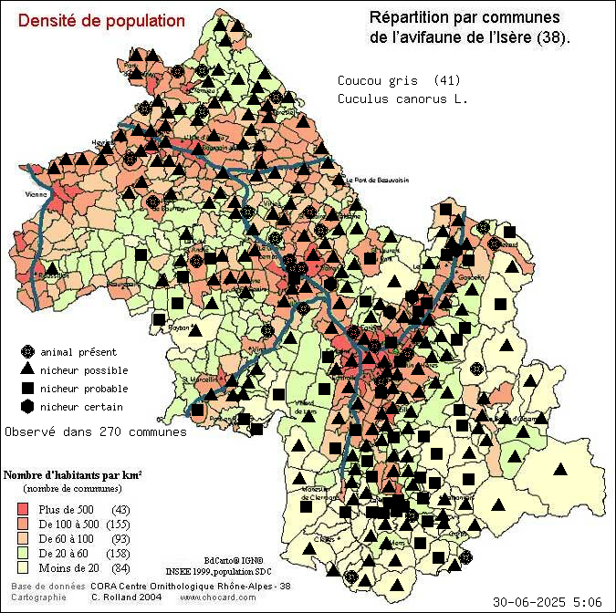 Coucou gris (Cuculus canorus L.): carte de rpartition en Isre