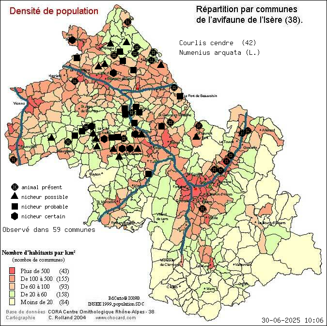 Carte de rpartition par communes en Isre d'une espce d'animal: Courlis cendr (Numenius arquata (L.)) selon Densit de population