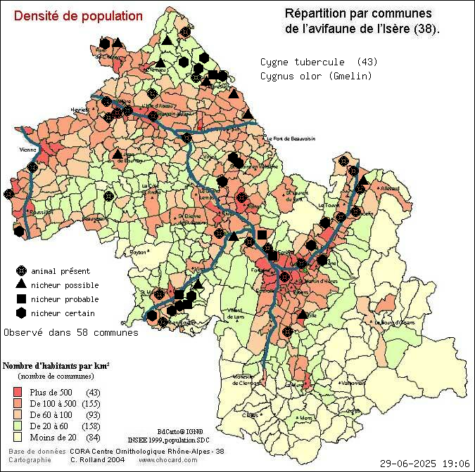 Cygne tubercul (Cygnus olor (Gmelin)): carte de rpartition en Isre