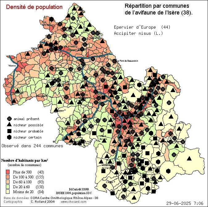 Epervier d Europe (Accipiter nisus (L.)): carte de rpartition en Isre