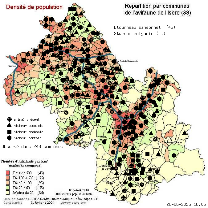 Etourneau sansonnet (Sturnus vulgaris (L.)): carte de rpartition en Isre